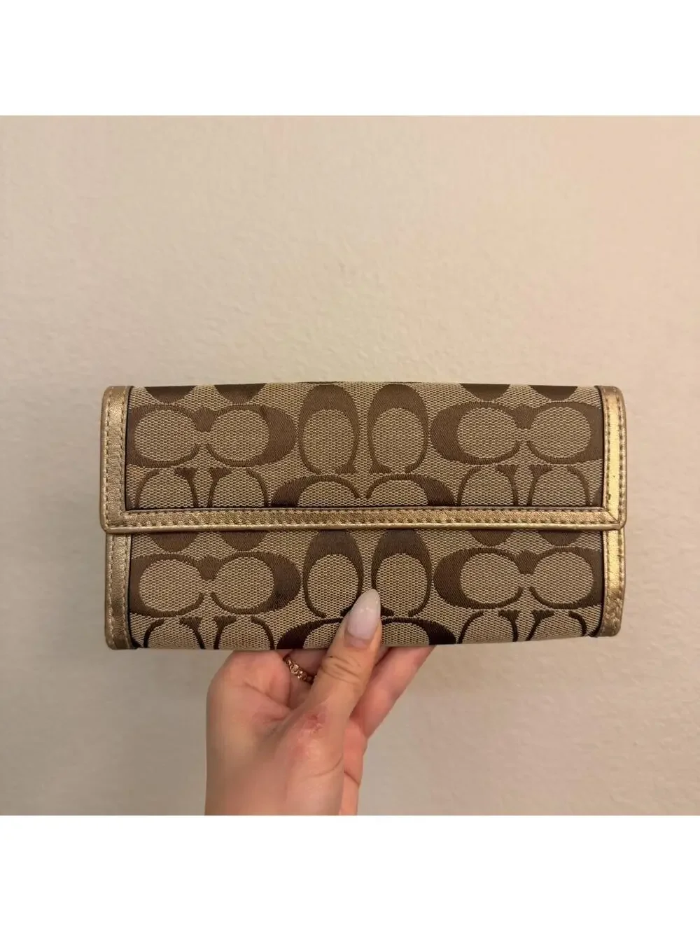 Coach Brown and Gold Canvas Wallet with Gold Turn-lock